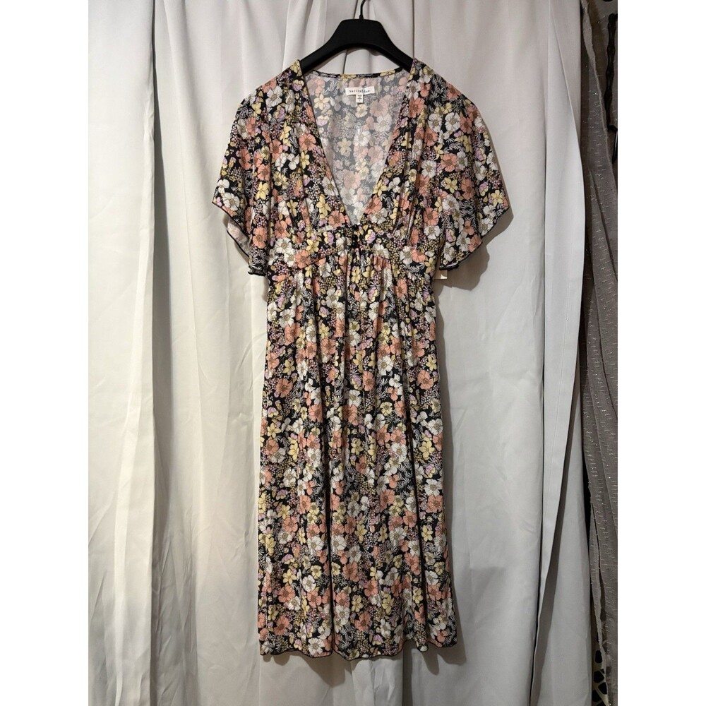 Bailey Blue Juniors L Black Floral Chiffon V-Neck Flutter Sleeve Midi Dress